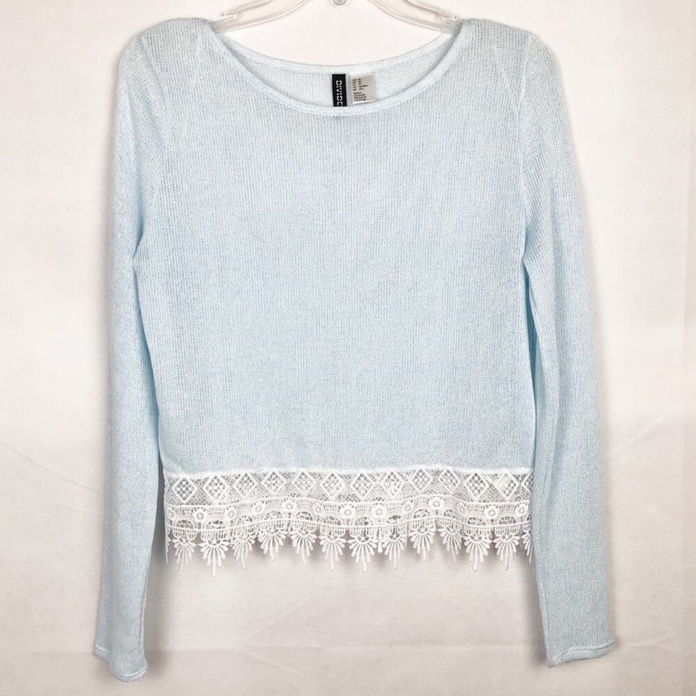 Divided Sky Blue Pullover Lace Trim Sweater Size XS